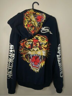 Christian Audigier Tiger Motif Black Zip Up Hoodie Sweater Gold Rare Collector